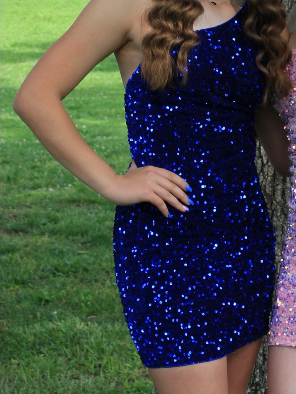 blue one shoulder homecoming dress